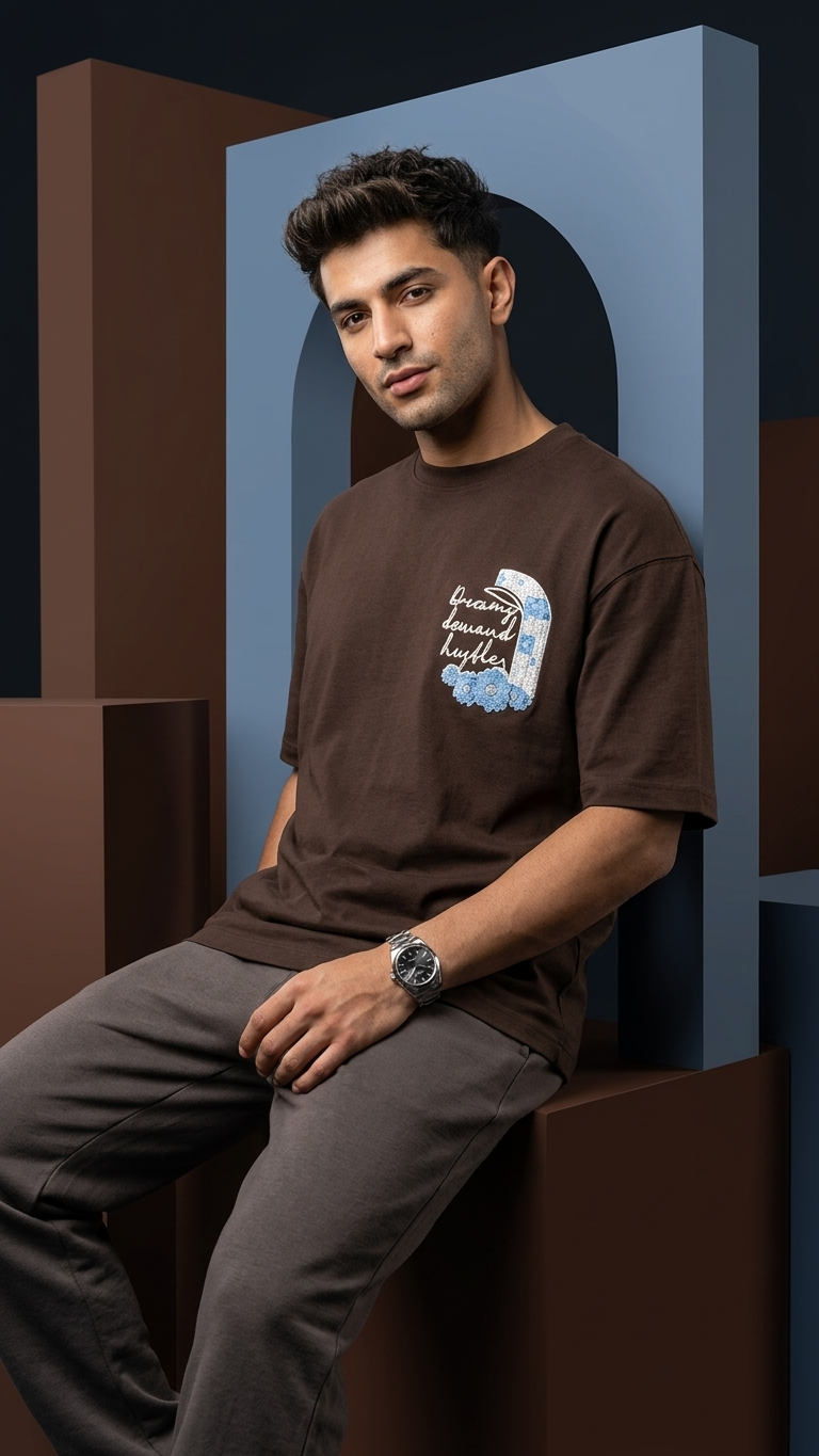 Nakış İşlemeli Kahve Oversize Tshirt 5103
