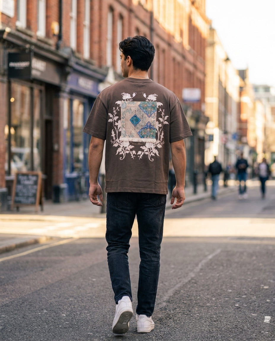 Çiçek Nakışlı Kahve Oversize Tshirt 5156