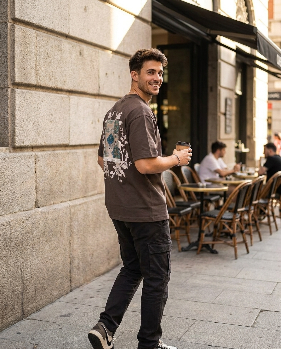 Çiçek Nakışlı Kahve Oversize Tshirt 5156