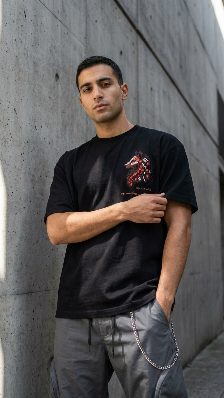 Kurt Baskılı Siyah Oversize Tshirt 5158