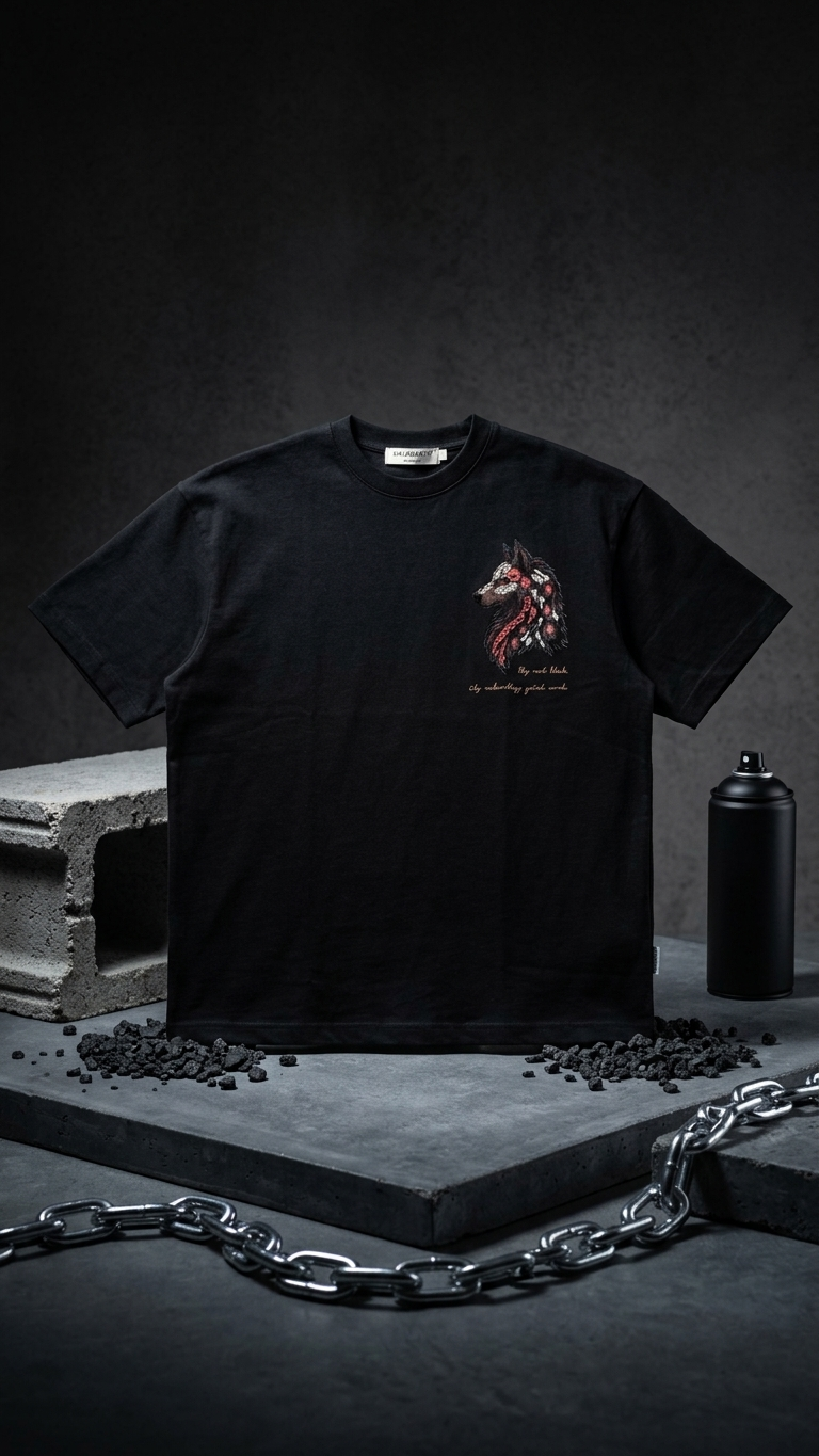 Kurt Baskılı Siyah Oversize Tshirt 5158