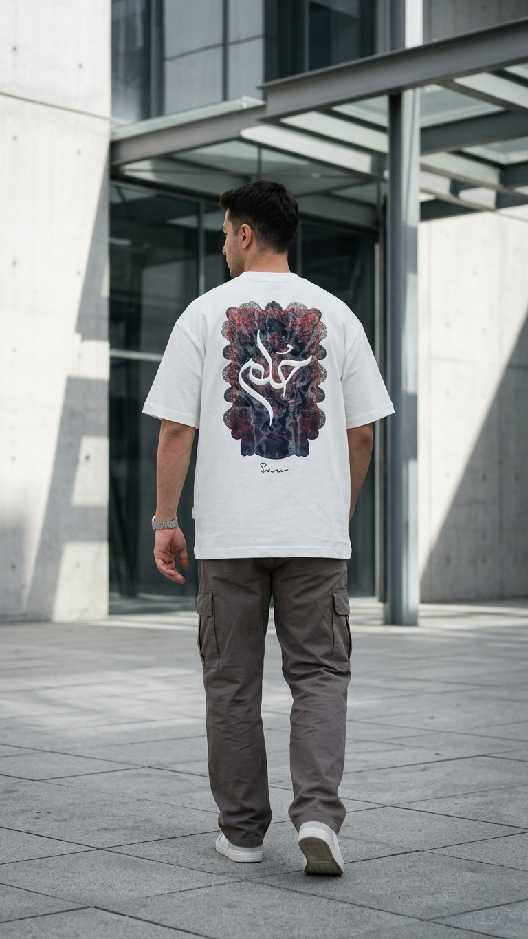 Arapça Nakışlı Ekru Oversize Tshirt 5185