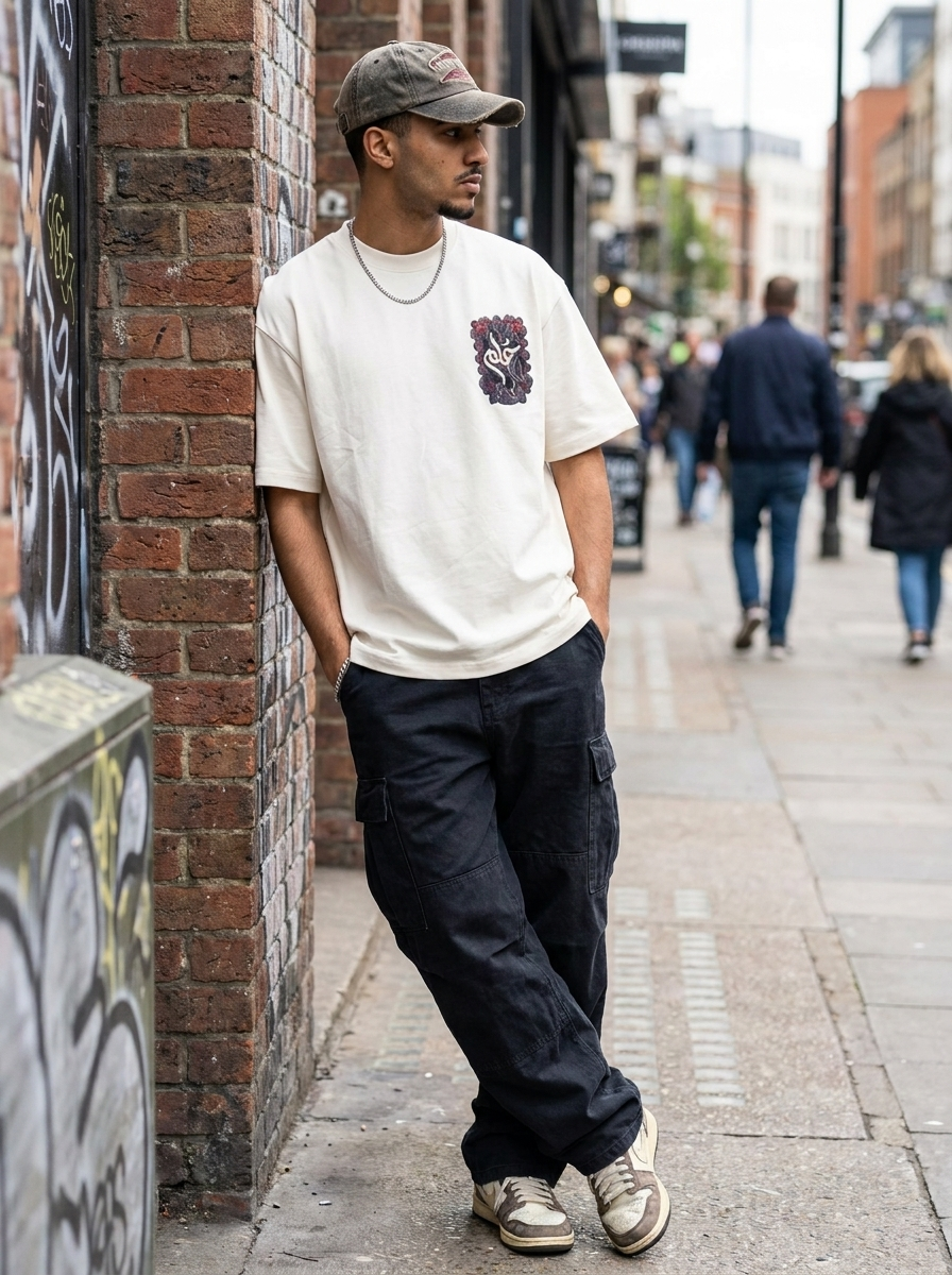 Arapça Nakışlı Ekru Oversize Tshirt 5185