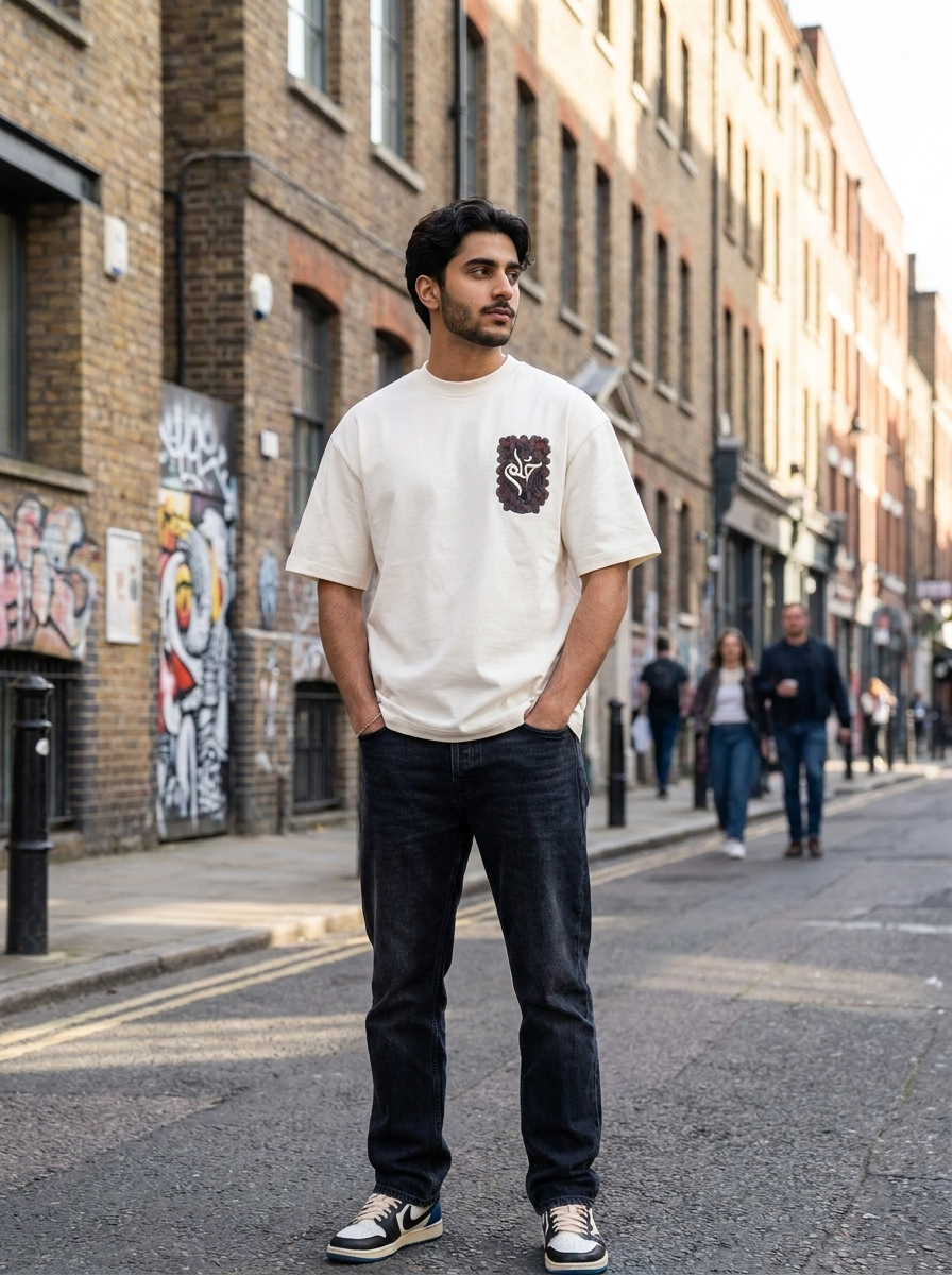 Arapça Nakışlı Ekru Oversize Tshirt 5185