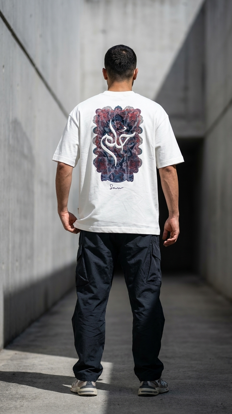Arapça Nakışlı Ekru Oversize Tshirt 5185