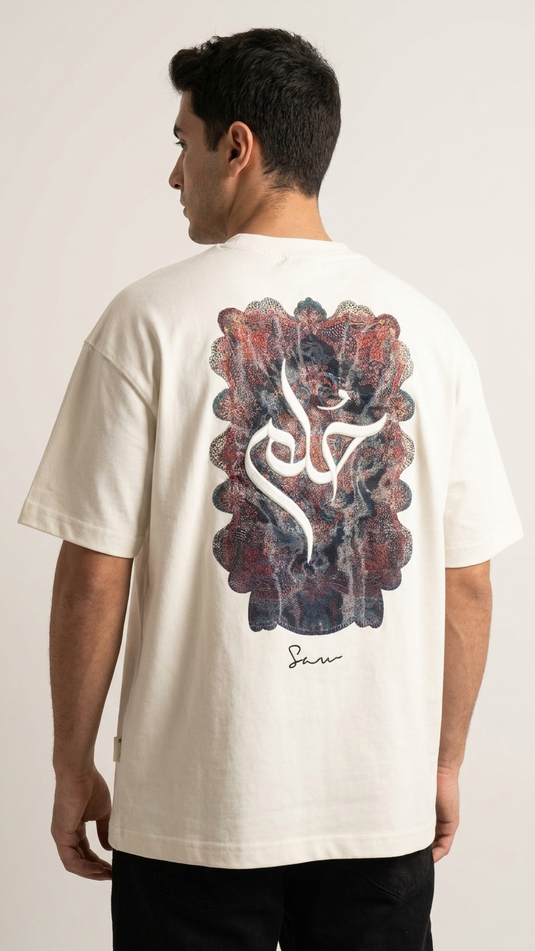 Arapça Nakışlı Ekru Oversize Tshirt 5185