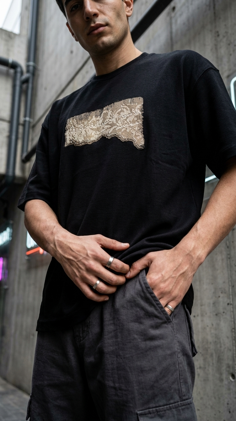 Baskı ve Nakışlı Siyah Oversize Tshirt 5186