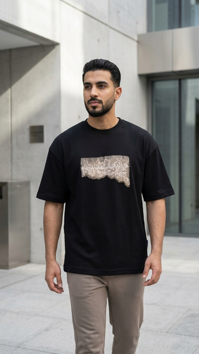 Baskı ve Nakışlı Siyah Oversize Tshirt 5186