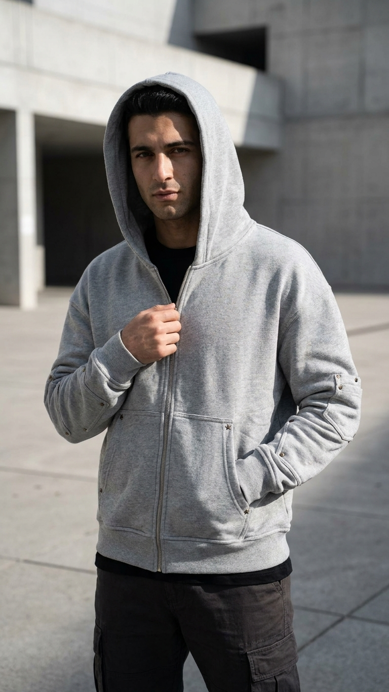 Rivet Detaylı Fermuarlı Gri Sweatshirt 5190