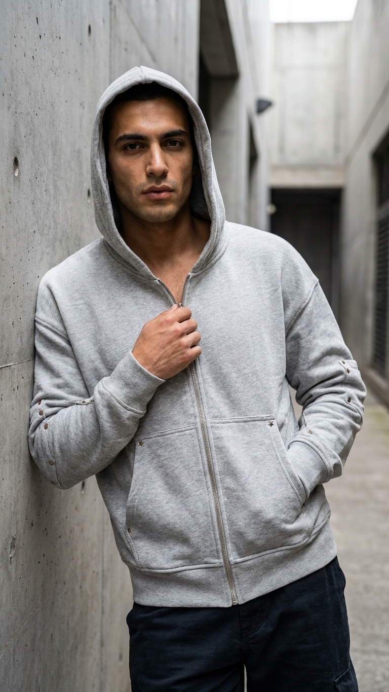 Rivet Detaylı Fermuarlı Gri Sweatshirt 5190