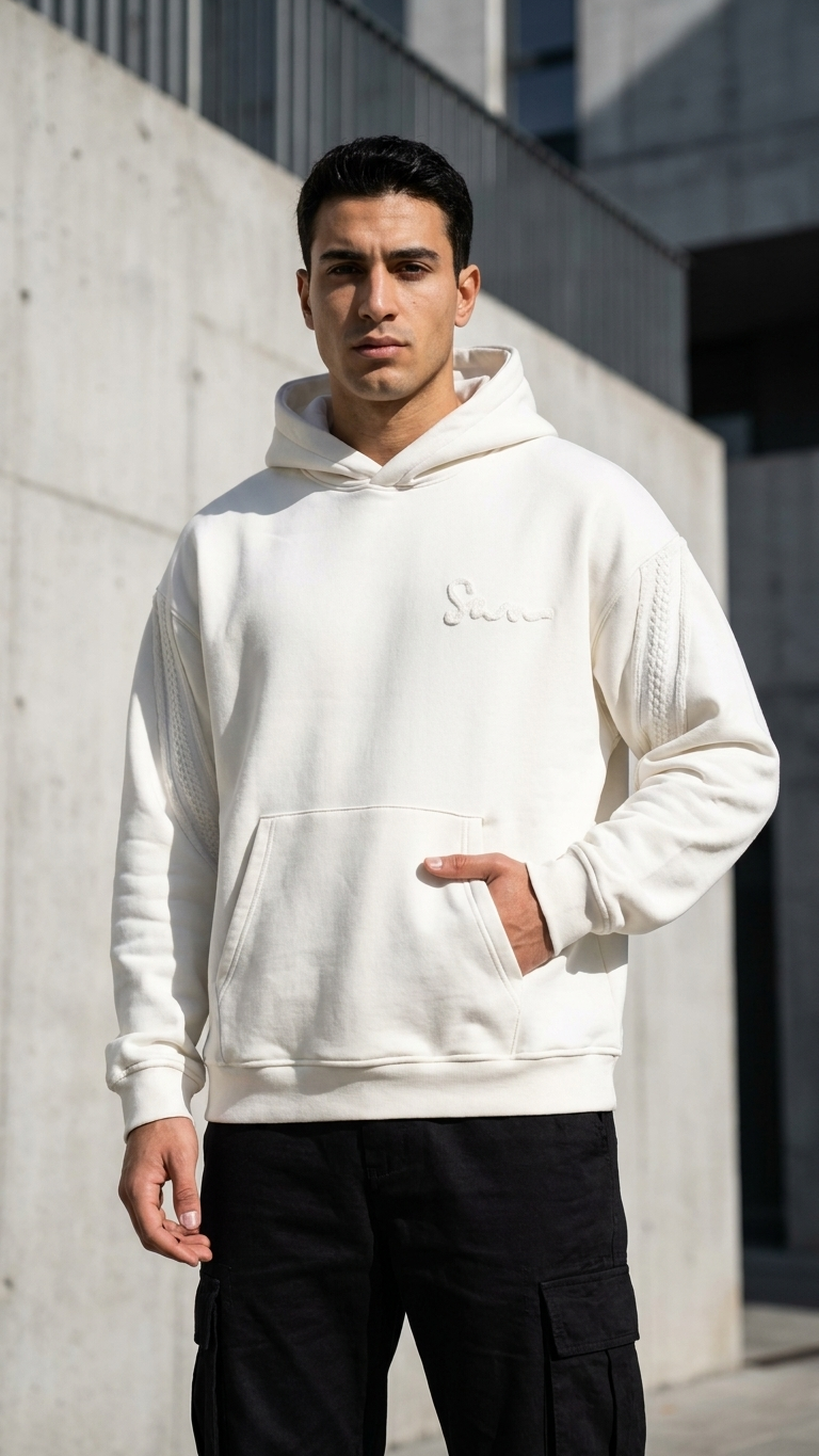 Yün Şerit Desenli Oversize Ekru Sweatshirt 5217