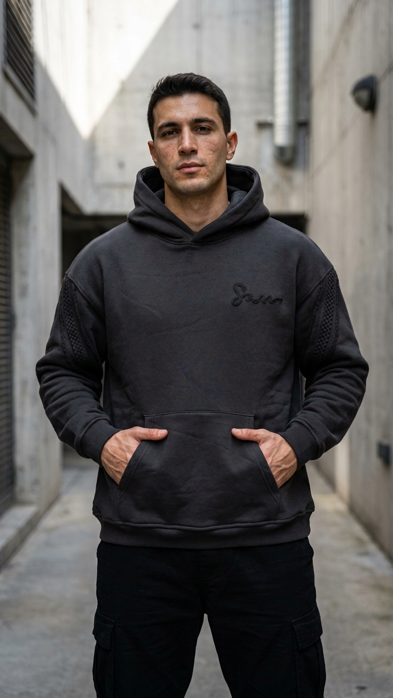 Yün Şerit Desenli Oversize Siyah Sweatshirt 5217