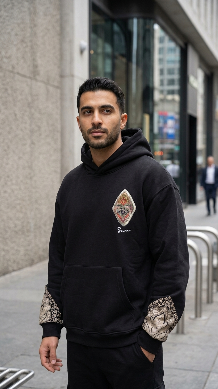 Etnik Kilim İşleme Oversize Siyah Sweatshirt 5223