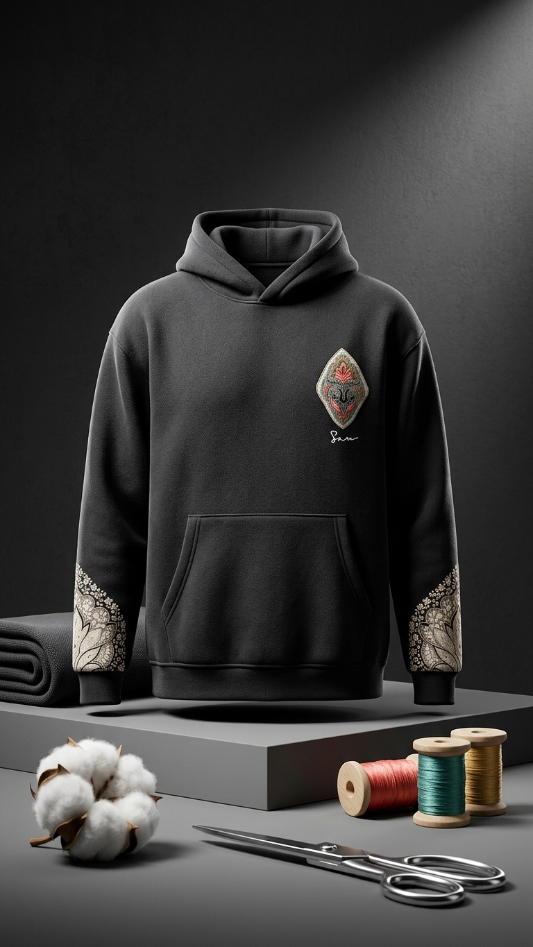 Etnik Kilim İşleme Oversize Siyah Sweatshirt 5223