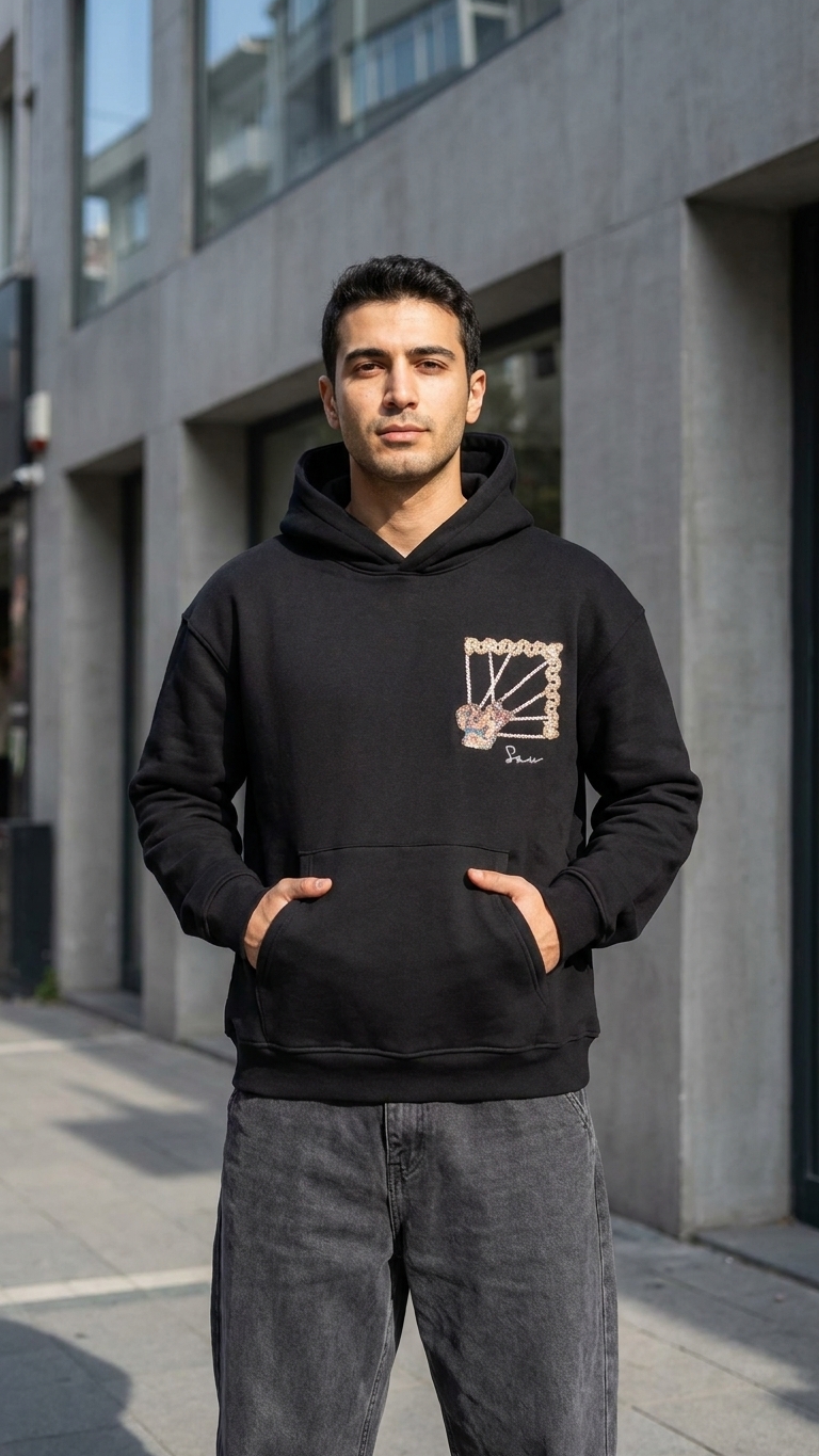 Su Yolu Şeritli Oversize Siyah Sweatshirt 5230