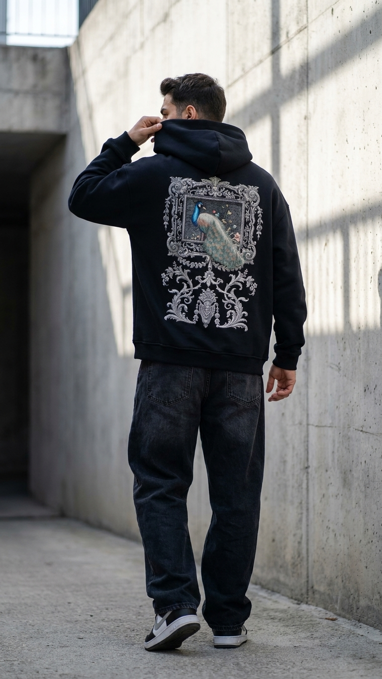 Tavus Kuşu Desenli Oversize Lacivert Sweatshirt 5256