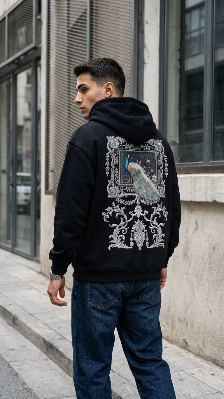 Tavus Kuşu Desenli Oversize Lacivert Sweatshirt 5256