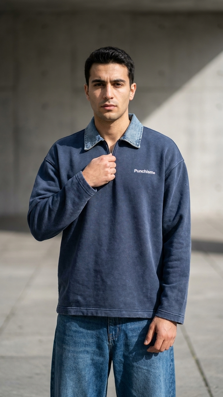 Kot Yaka Yarım Fermuarlı Oversize Polo Sweatshirt 6048