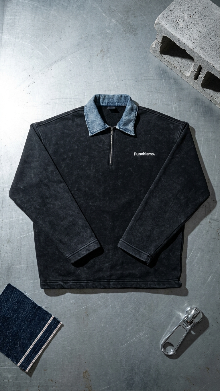Kot Yaka Yarım Fermuarlı Oversize Siyah Polo Sweatshirt 6048