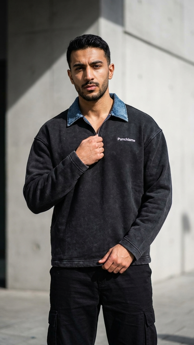 Kot Yaka Yarım Fermuarlı Oversize Siyah Polo Sweatshirt 6048