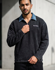 Kot Yaka Yarım Fermuarlı Oversize Siyah Polo Sweatshirt 6048