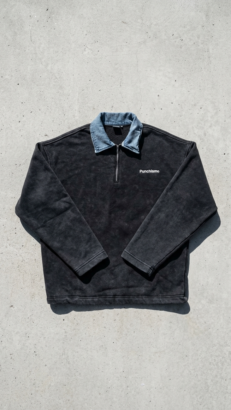Kot Yaka Yarım Fermuarlı Oversize Siyah Polo Sweatshirt 6048