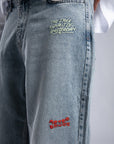 Nakışlı Erkek Baggy Mavi Kot Pantolon 6379