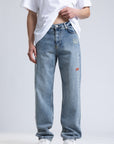 Nakışlı Erkek Baggy Mavi Kot Pantolon 6379