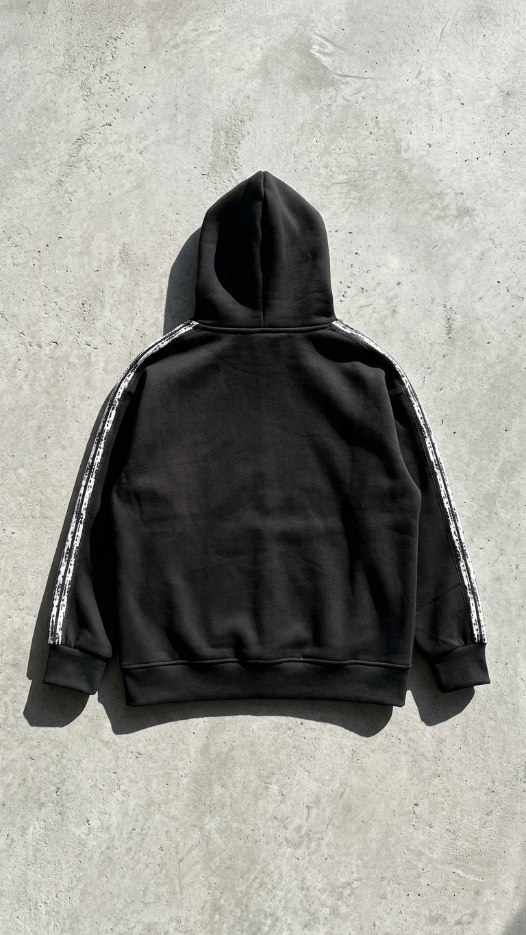 Kol Şerit Desenli Fermuarlı Siyah Panda Sweatshirt 9225