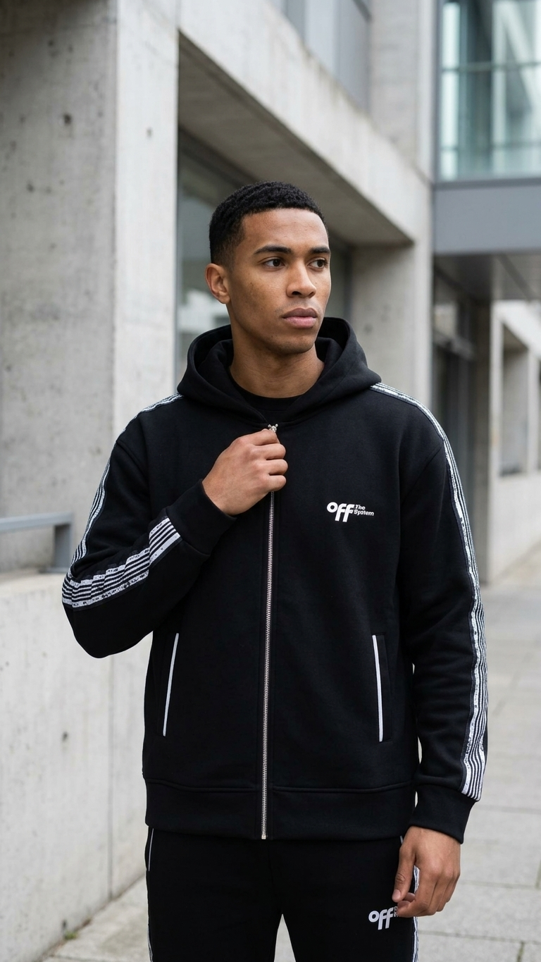 Kol Şerit Desenli Fermuarlı Siyah Panda Sweatshirt 9225