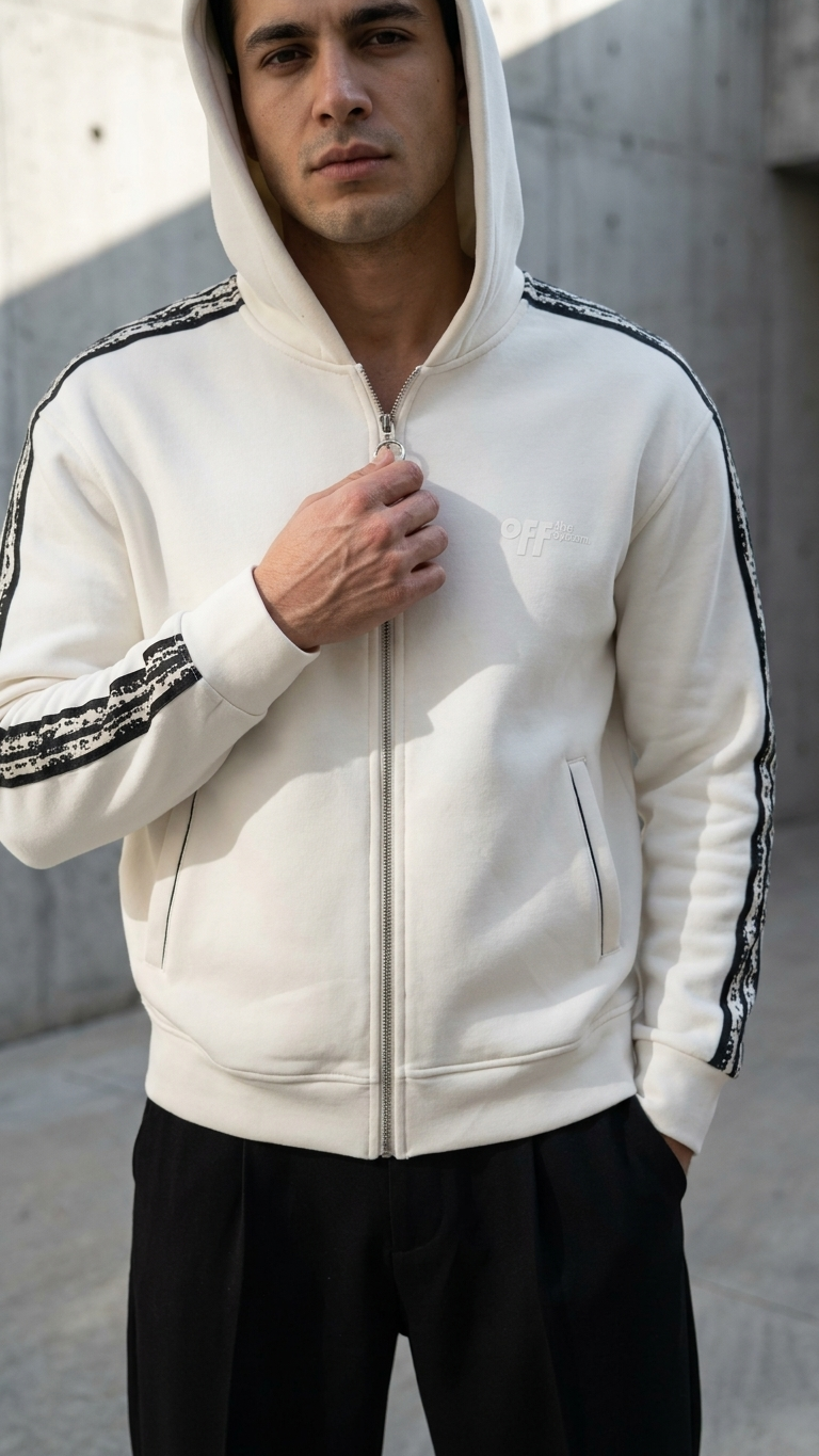 Kol Şerit Desenli Fermuarlı Ekru Panda Sweatshirt 9225