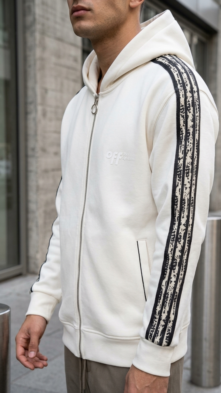 Kol Şerit Desenli Fermuarlı Ekru Panda Sweatshirt 9225