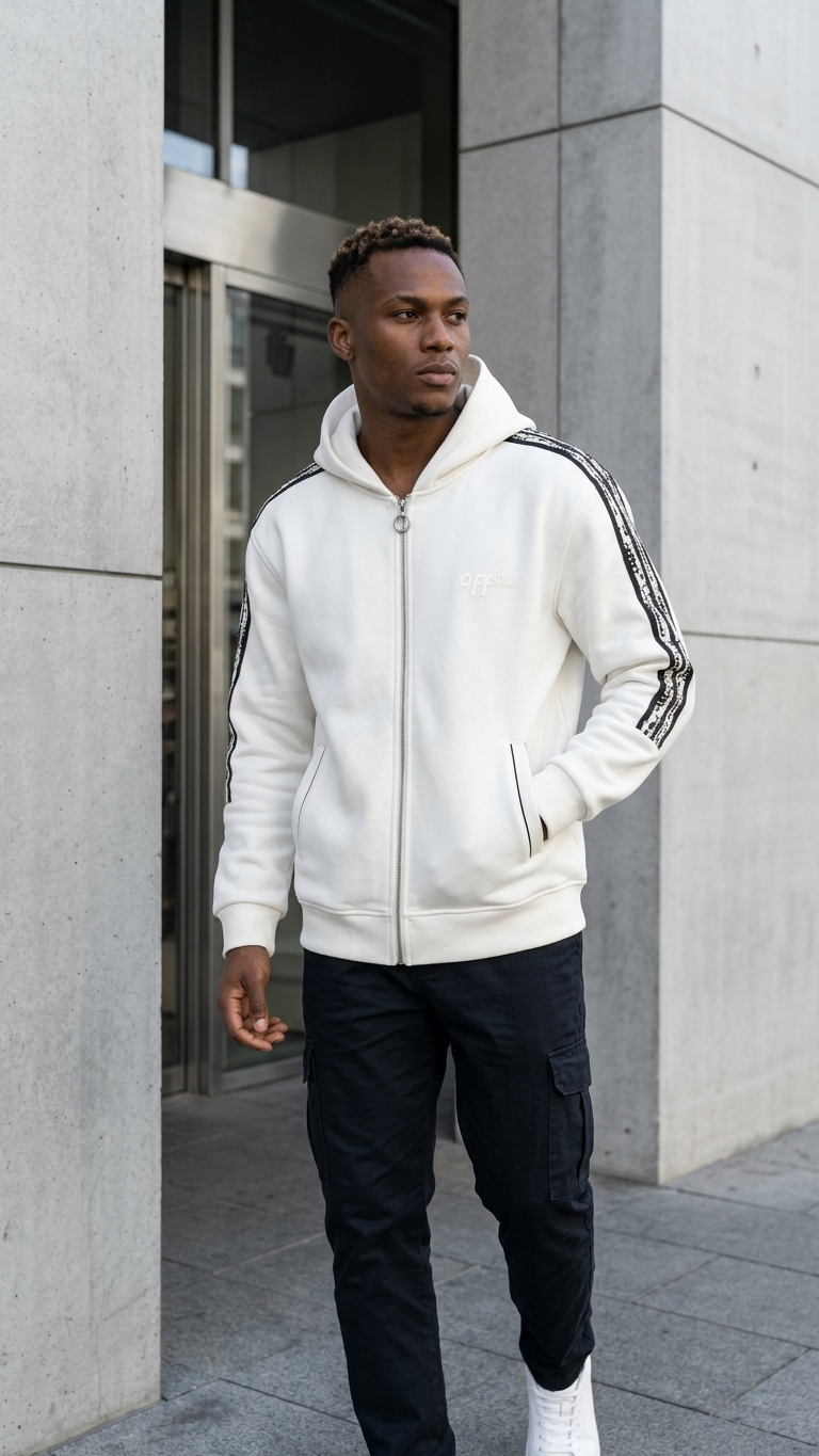 Kol Şerit Desenli Fermuarlı Ekru Panda Sweatshirt 9225