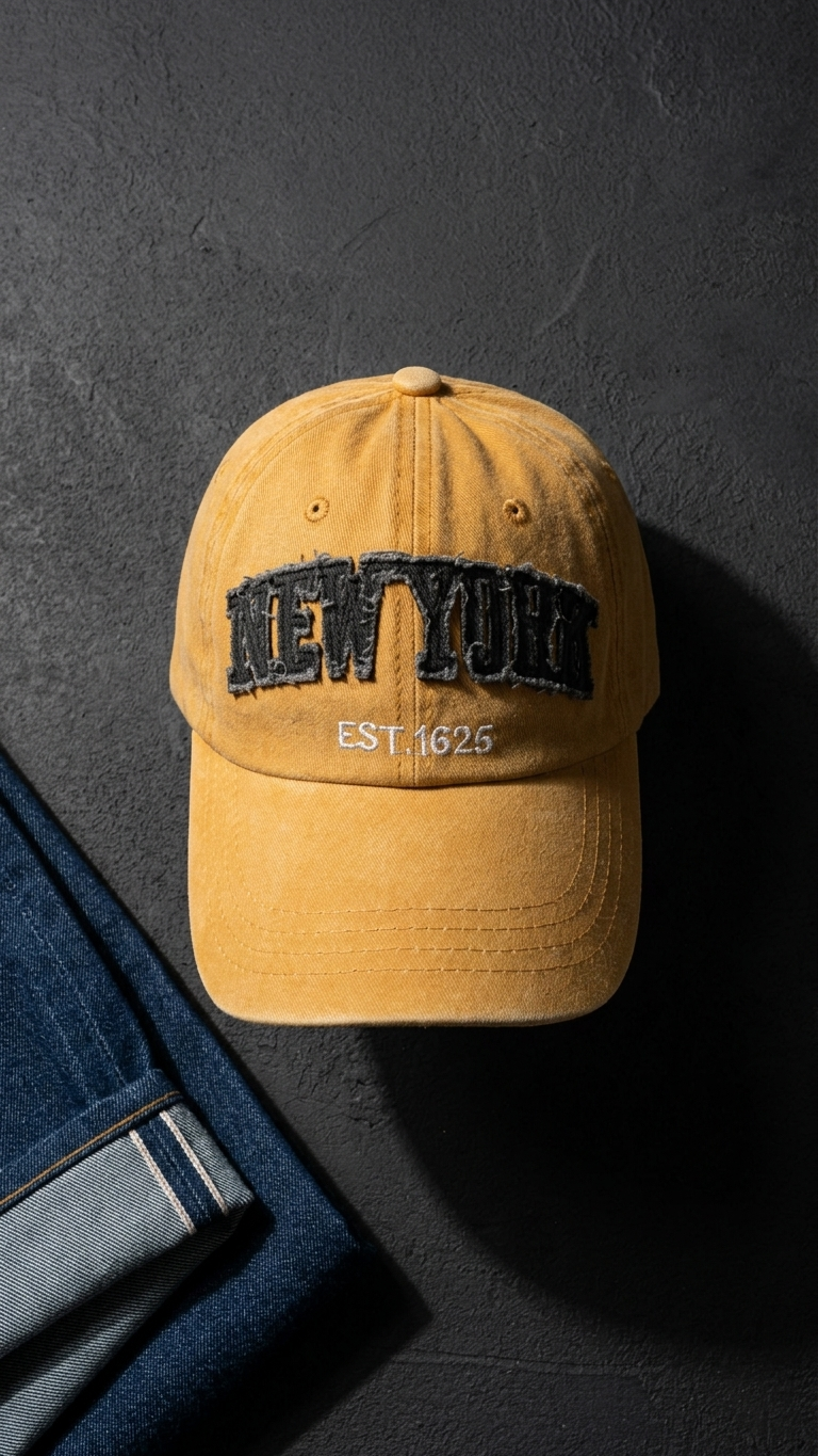 Newyork Aplikeli Retro Yıkamalı Sarı Cap Şapka