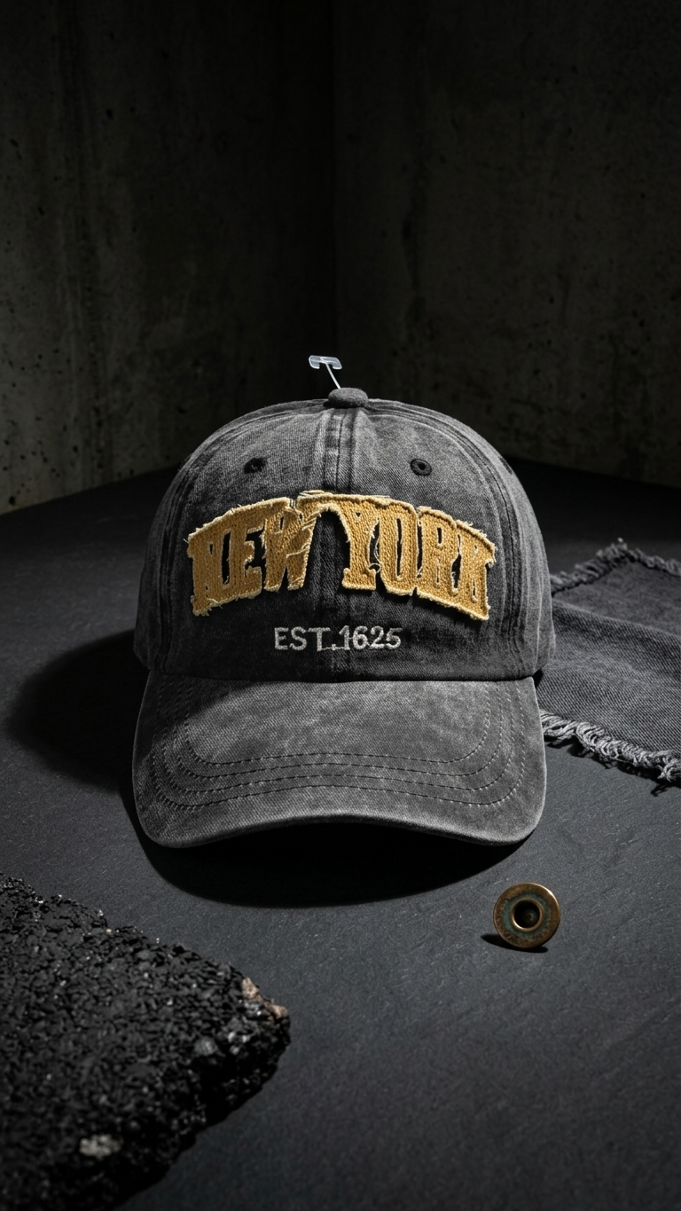 Newyork Aplikeli Retro Yıkamalı Antra Cap Şapka