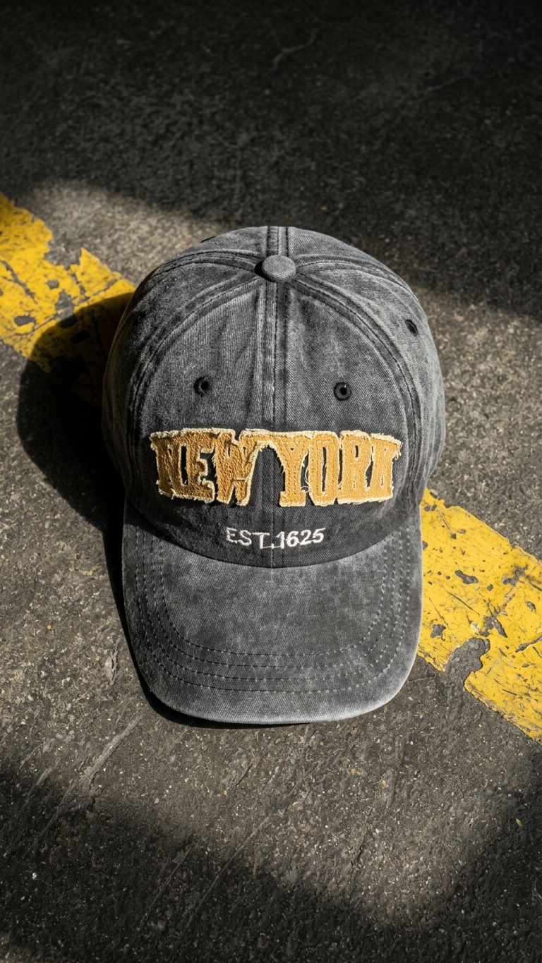 Newyork Aplikeli Retro Yıkamalı Antra Cap Şapka