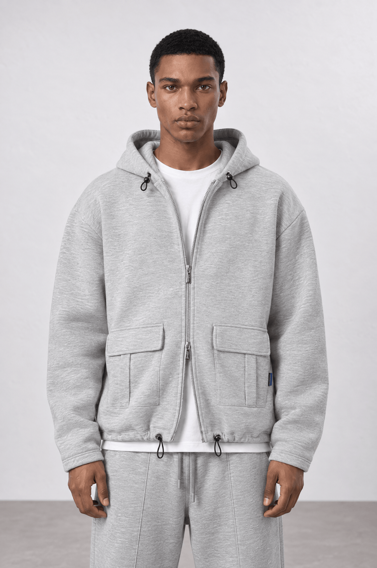 Cep Detaylı Panda Fermuarlı Oversize Gri Melanj Sweatshirt 5028