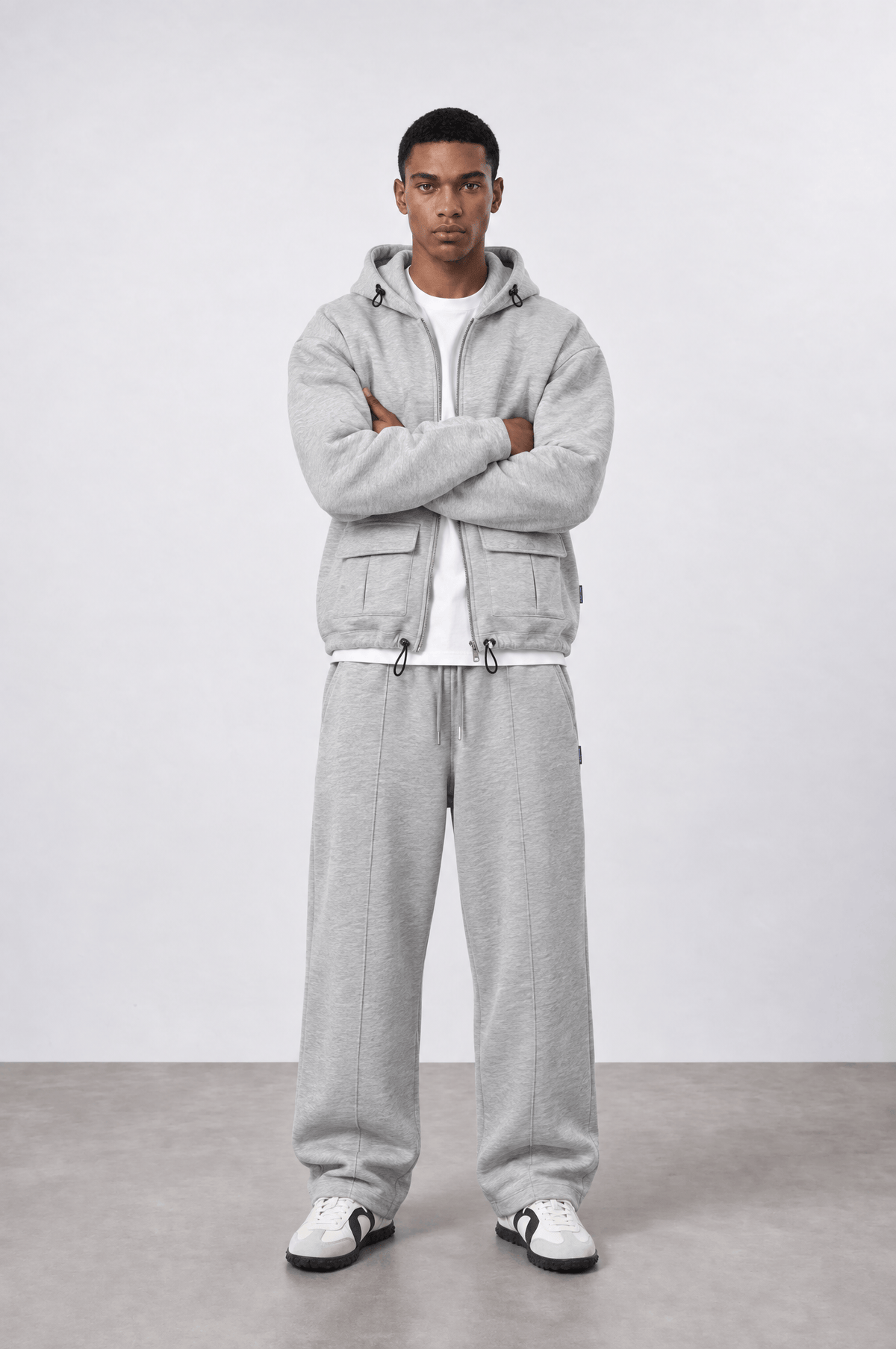 Cep Detaylı Panda Fermuarlı Oversize Gri Melanj Sweatshirt 5028