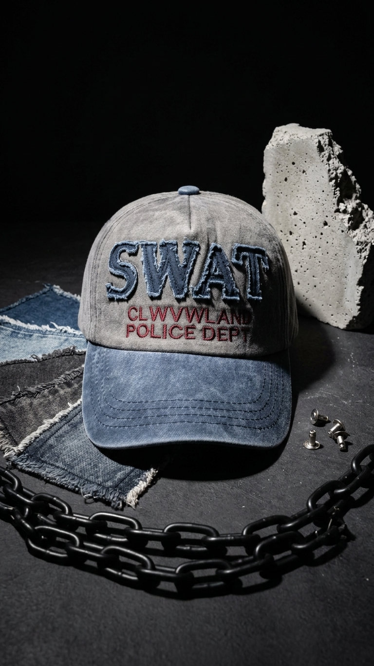 Swat Aplikeli Retro Yıkamalı Lacivert Cap Şapka