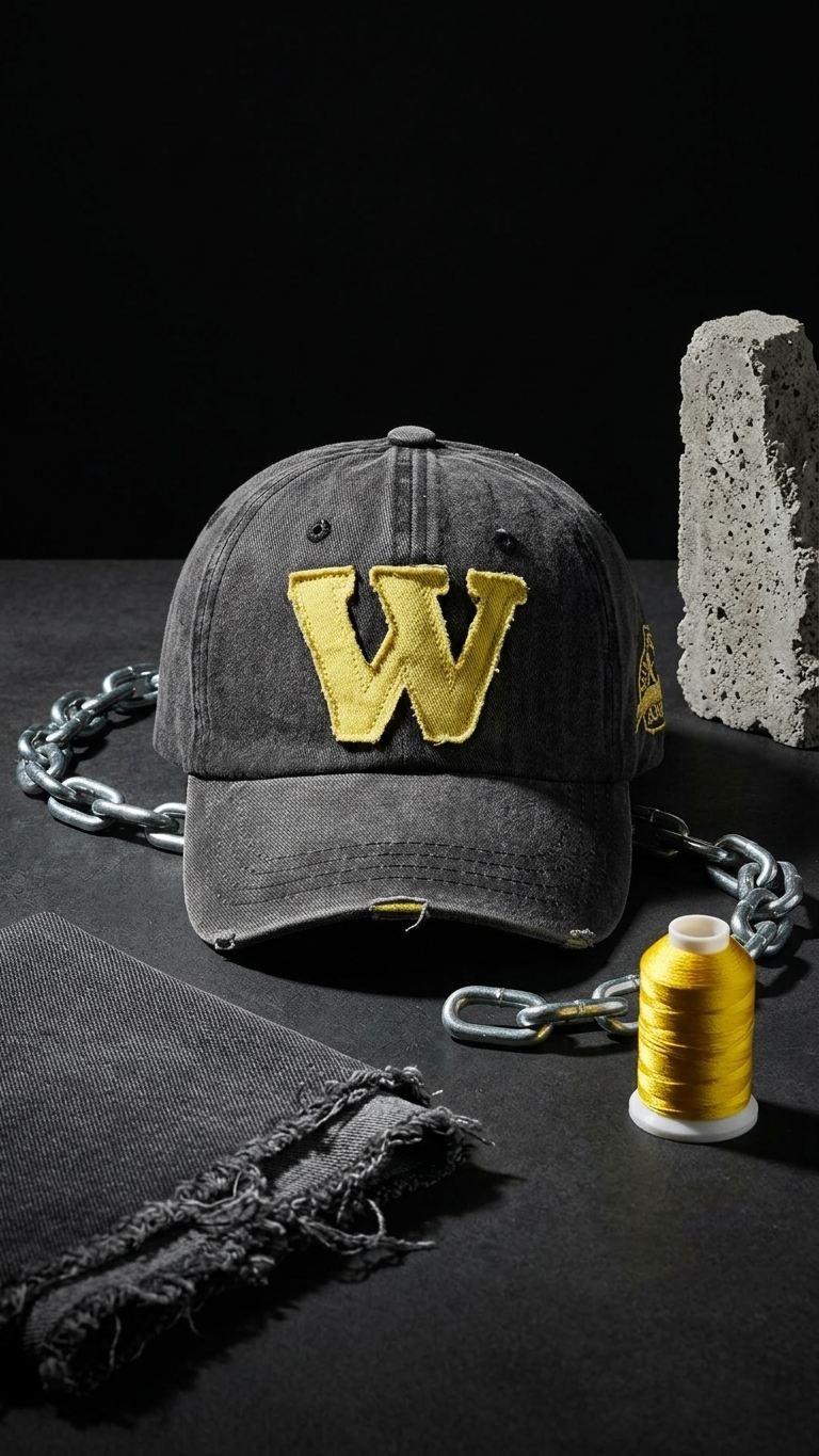 W Aplikeli Retro Yıkamalı Antrasit Cap Şapka
