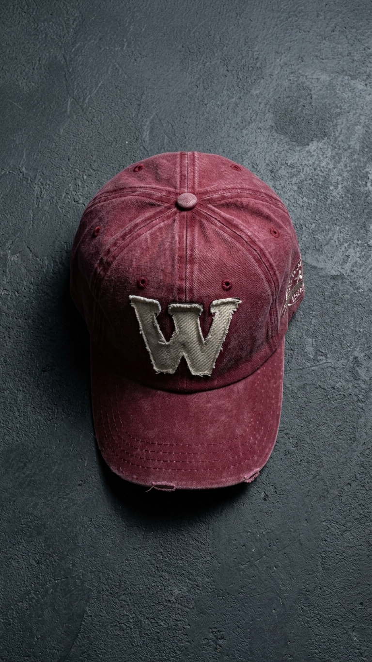 W Aplikeli Retro Yıkamalı Bordo Cap Şapka
