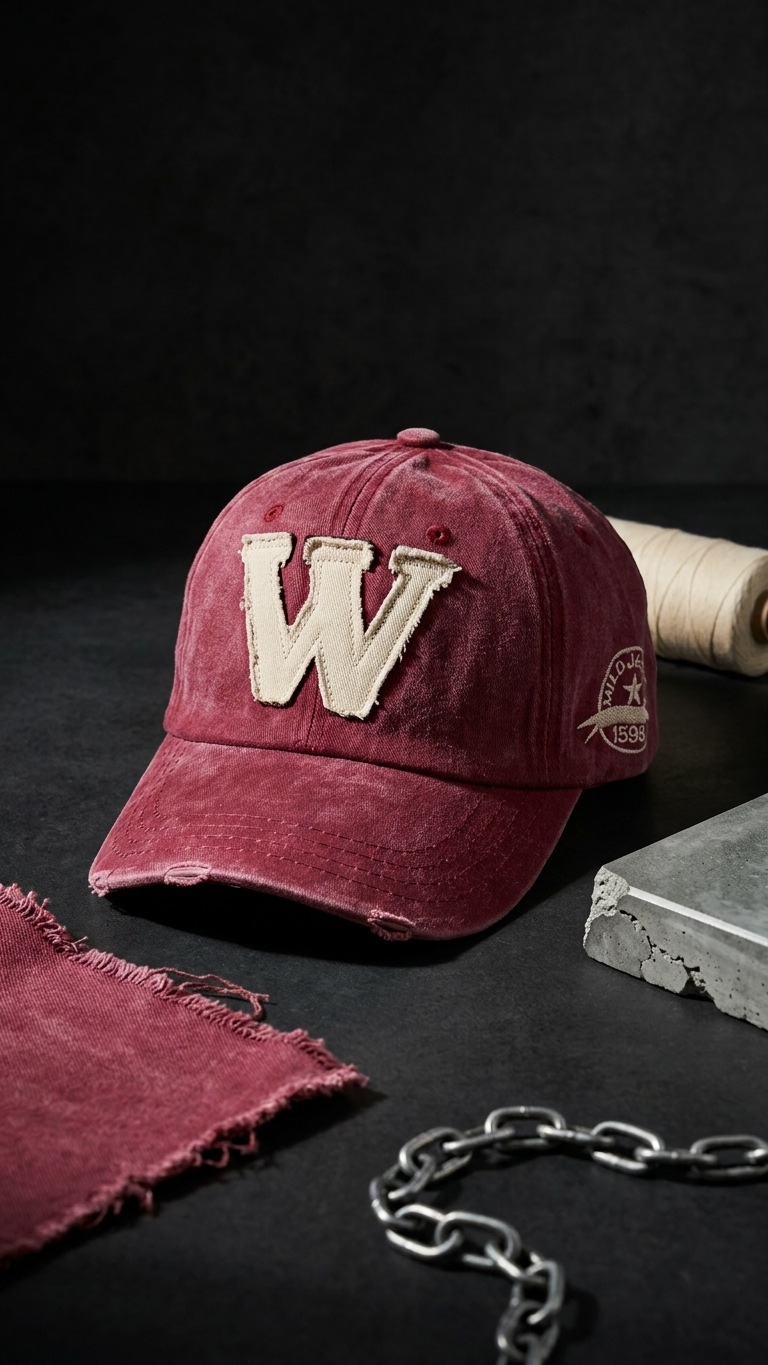 W Aplikeli Retro Yıkamalı Bordo Cap Şapka
