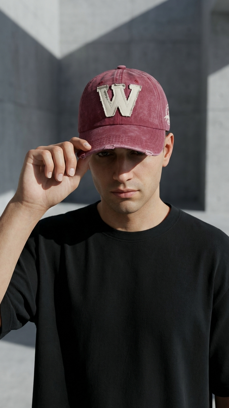 W Aplikeli Retro Yıkamalı Bordo Cap Şapka
