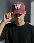 W Aplikeli Retro Yıkamalı Bordo Cap Şapka