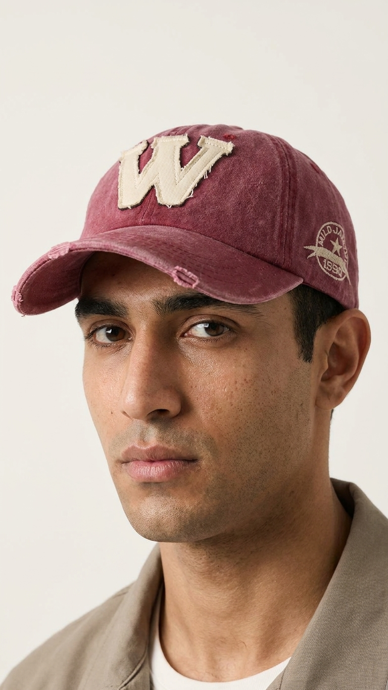 W Aplikeli Retro Yıkamalı Bordo Cap Şapka