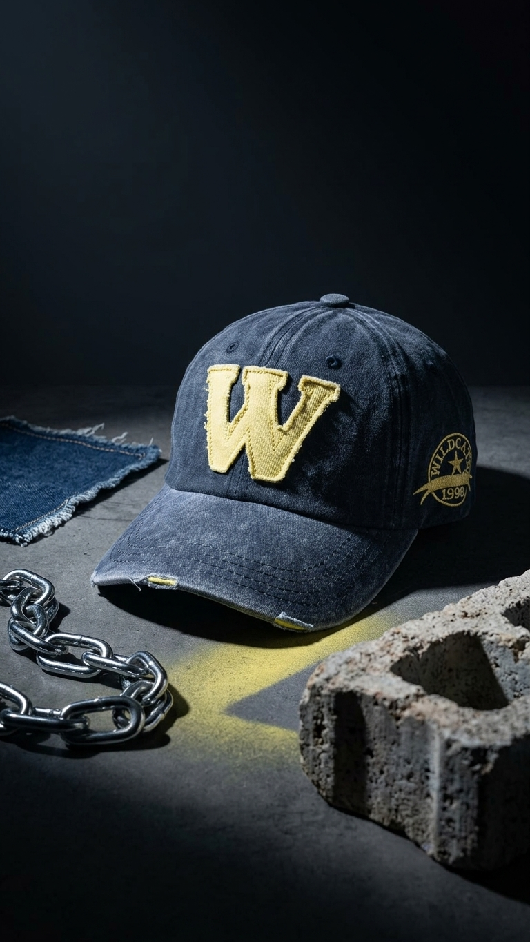 W Aplikeli Retro Yıkamalı Lacivert Cap Şapka