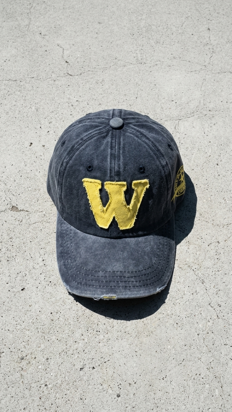 W Aplikeli Retro Yıkamalı Lacivert Cap Şapka