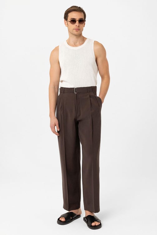 Modal Kumaş Relax Fit Kemerli Kahve Erkek Pantolon