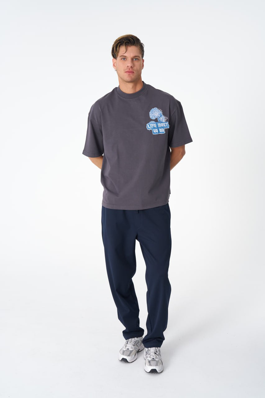 Life Must Go On Aplikeli Füme Oversize Tshirt 4851
