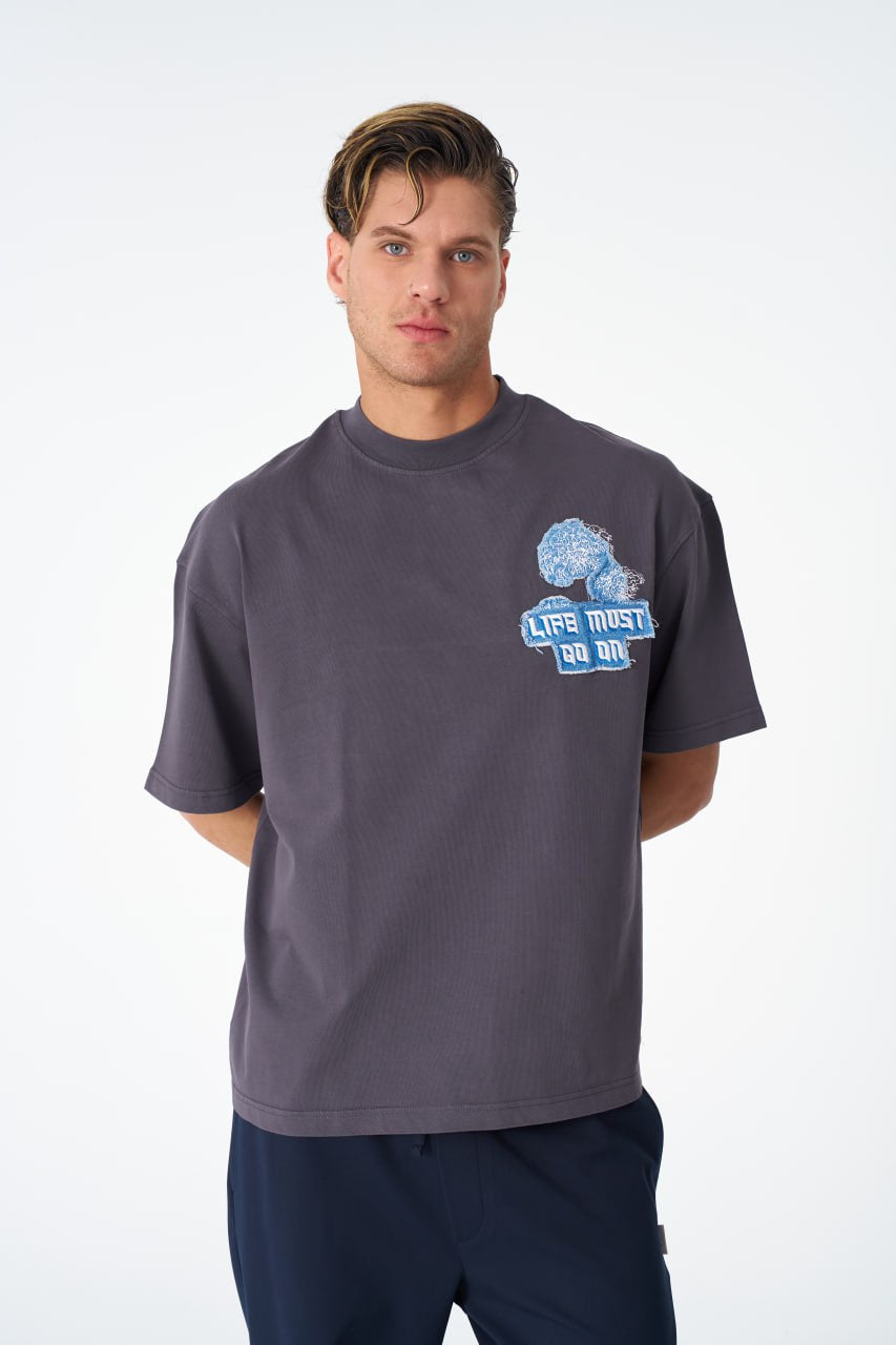 Life Must Go On Aplikeli Füme Oversize Tshirt 4851